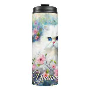 Persian Cat Blue Eyes in Pink Flowers Personalised Thermal Tumbler