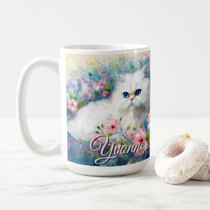 Persian Cat Blue Eyes in Pink Flowers Personalized Coffee Mug