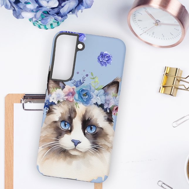 Persian Cat Blue Floral Samsung Galaxy S22+ Case (Creator Uploaded)