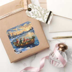 Persian Cat Christmas Boat Holiday Square Sticker