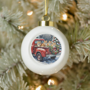 Persian Cat Christmas Red Truck Holiday Ceramic Ball Christmas Ornament