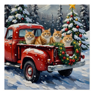 Persian Cat Christmas Red Truck Holiday Poster