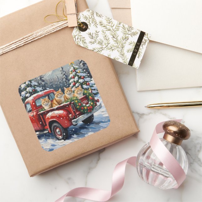 Persian Cat Christmas Red Truck Holiday Square Sticker (Gifting)