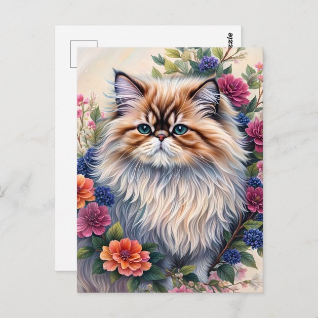 Persian Cat Colourful Floral Art Postcard (Front/Back)