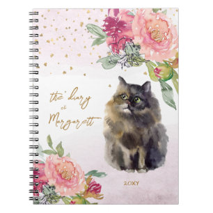 Persian Cat Illustration Flowers Girl Daily Diary Notebook