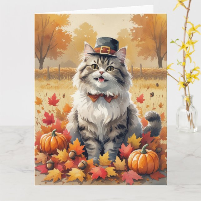 Persian Cat In Autumn Leaves Thanksgiving Art Card (Yellow Flower)
