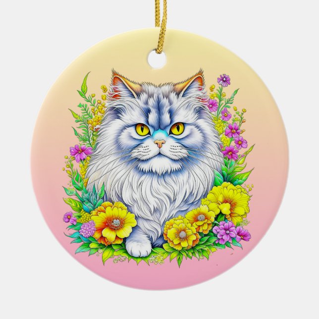 Persian Cat in Flowers Personalised Christmas Ceramic Ornament (Front)