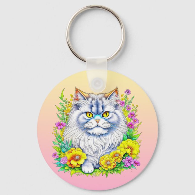 Persian Cat in Flowers Personalised Key Ring (Front)