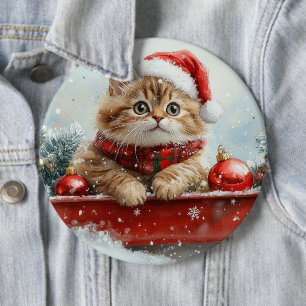 Persian Cat in Sledge Let it Snow Christmas 6 Cm Round Badge