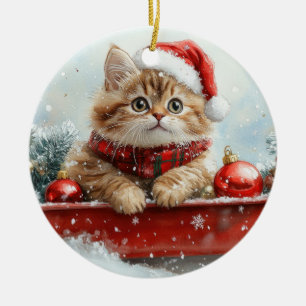 Persian Cat in Sledge Let it Snow Christmas Ceramic Ornament