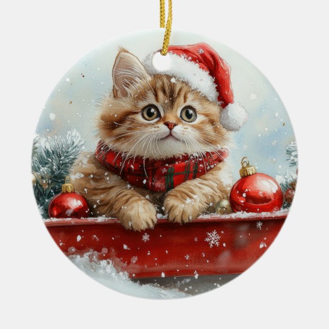 Persian Cat in Sledge Let it Snow Christmas Ceramic Ornament (Front)