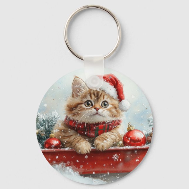 Persian Cat in Sledge Let it Snow Christmas Key Ring (Front)