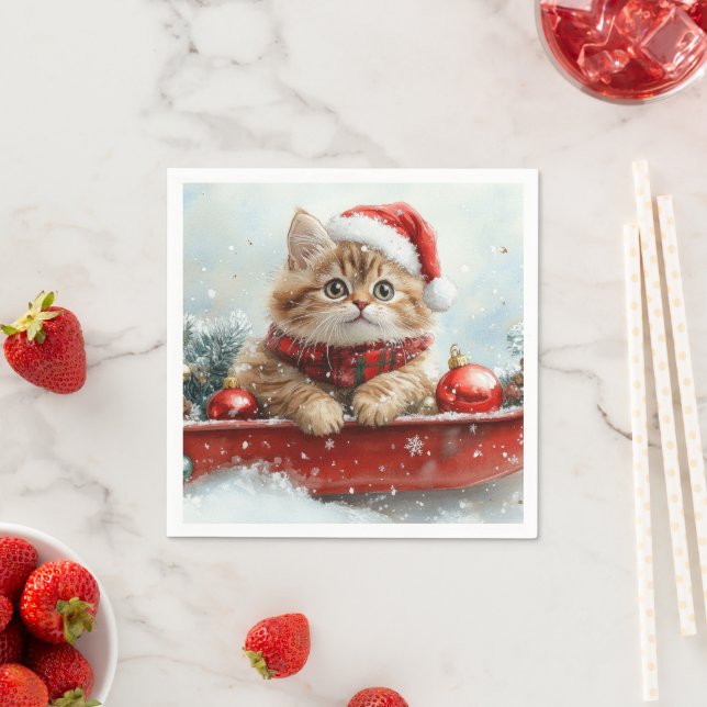 Persian Cat in Sledge Let it Snow Christmas Napkin (Insitu)