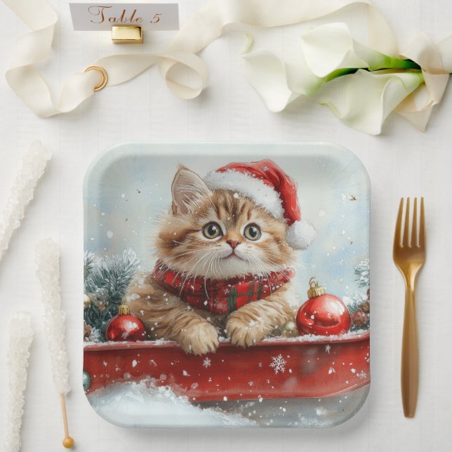 Persian Cat in Sledge Let it Snow Christmas Paper Plate (Wedding)