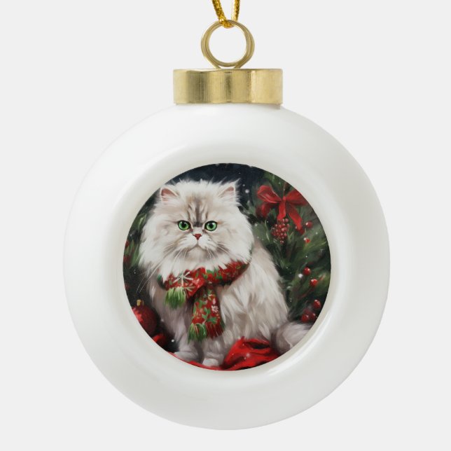 Persian Cat in Snow Christmas Ceramic Ball Christmas Ornament (Front)