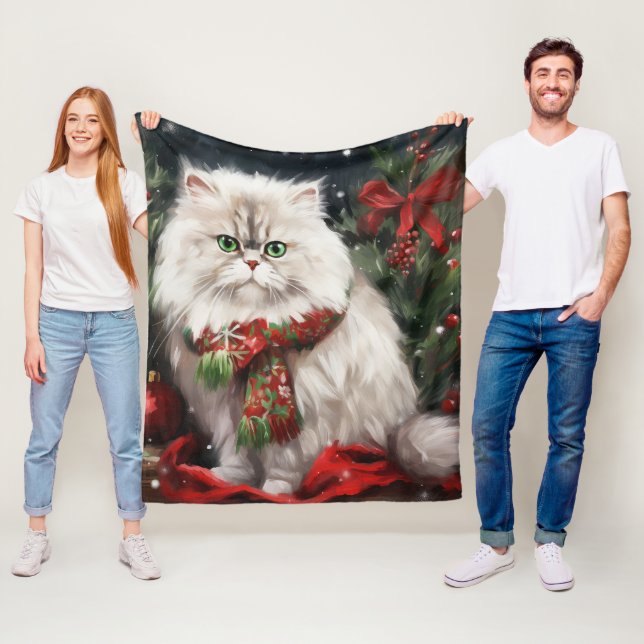 Persian Cat in Snow Christmas Fleece Blanket (In Situ)