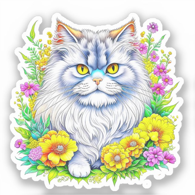 Persian Cat in Yellow and Pink Flowers (Front)