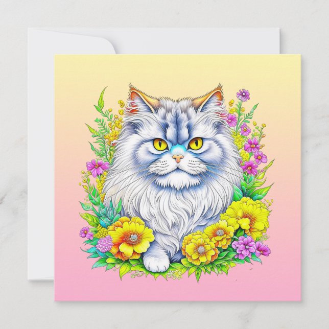 Persian Cat in Yellow and Pink Flowers Blank (Front)