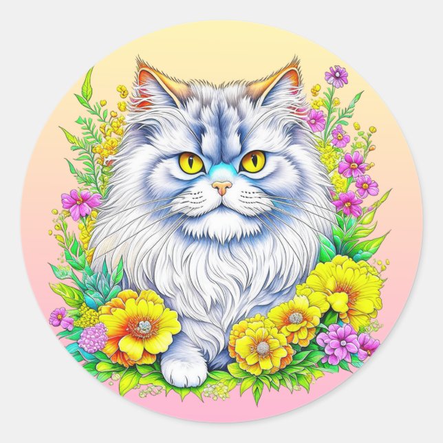 Persian Cat in Yellow and Pink Flowers Classic Round Sticker (Front)