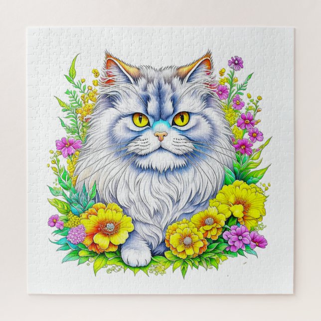 Persian Cat in Yellow and Pink Flowers Jigsaw Puzzle (Vertical)