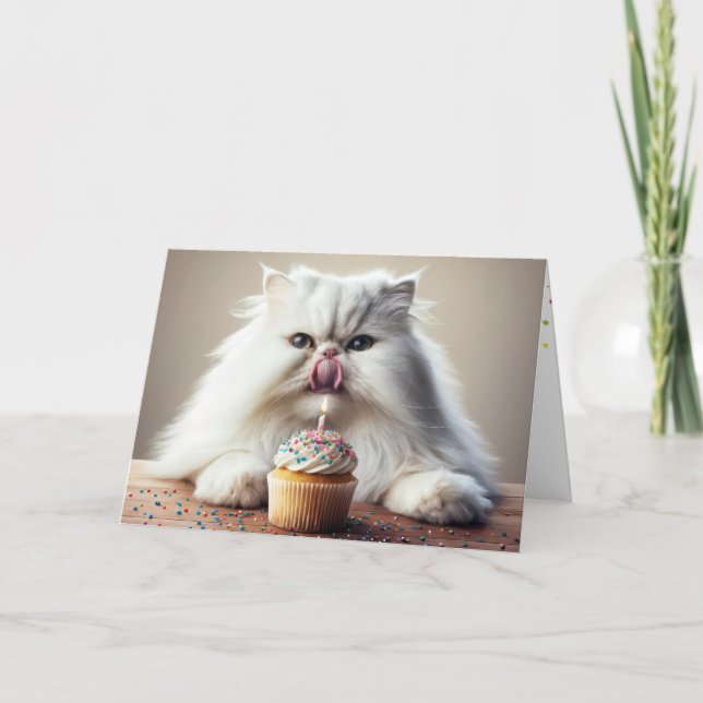 Persian Cat Licking a Birthday Cupcake Card (Front)