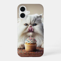 Persian Cat Licking a Birthday Cupcake