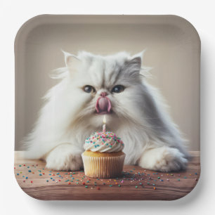 Persian Cat Licking a Birthday Cupcake Paper Plate
