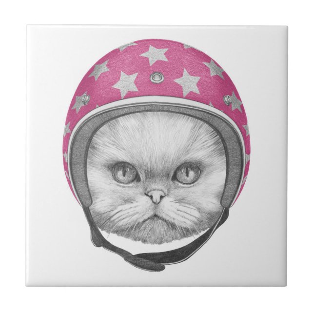 Persian Cat Motorcycle Rider Ceramic Tile (Front)