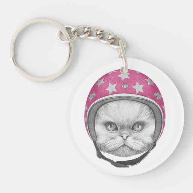 Persian Cat Motorcycle Rider Key Ring (Front)