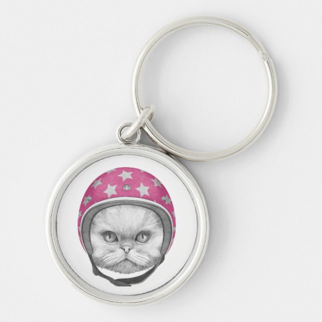 Persian Cat Motorcycle Rider Key Ring (Front)