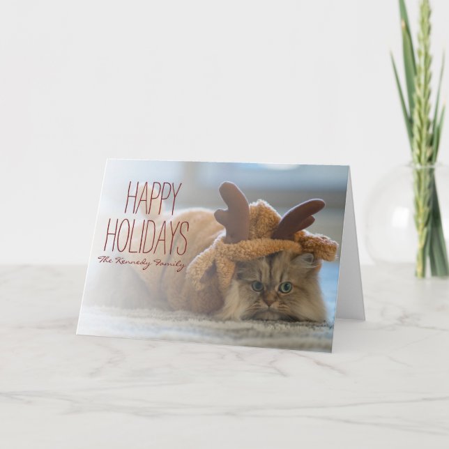 Persian cat on carpet in reindeer costume holiday card (Front)