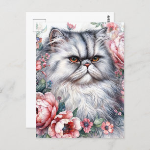 Persian Cat Pink Flowers Watercolor Art Postcard