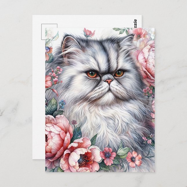Persian Cat Pink Flowers Watercolor Art Postcard (Front/Back)