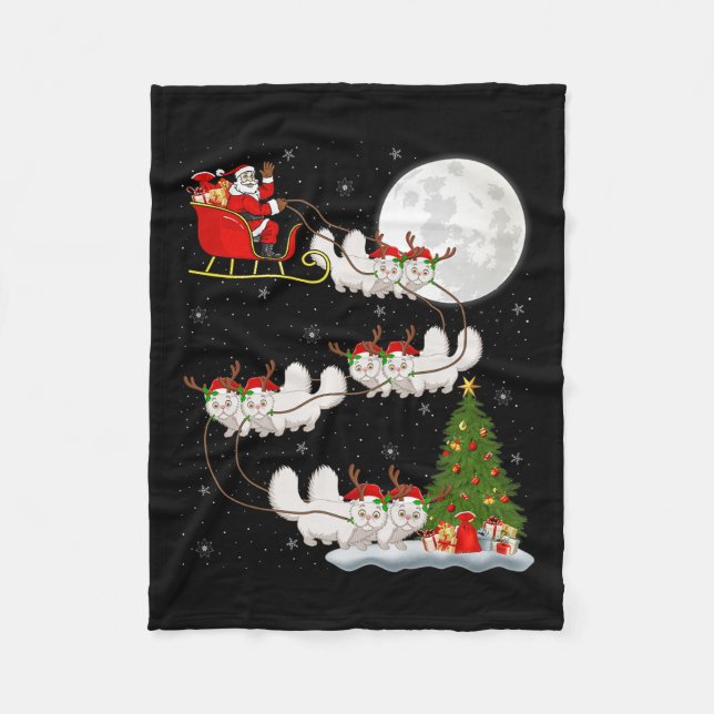 Persian Cat Santa Sleigh Flying Funny Magical Chri Fleece Blanket (Front)