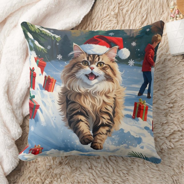 Persian Cat Sitting in Snow with Christmas Hat Cushion (Blanket)
