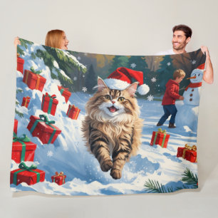 Persian Cat Sitting in Snow with Christmas Hat Fleece Blanket