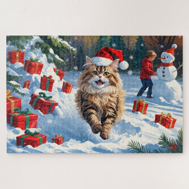 Persian Cat Sitting in Snow with Christmas Hat Jigsaw Puzzle (Horizontal)