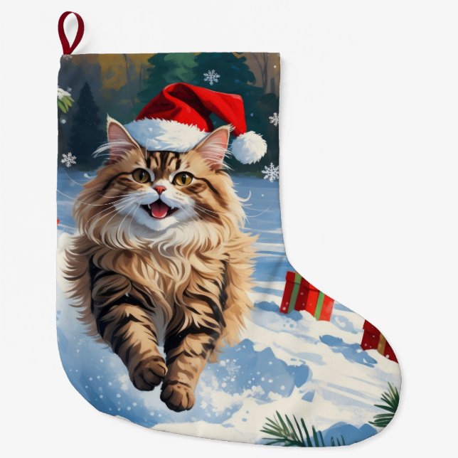 Persian Cat Sitting in Snow with Christmas Hat Large Christmas Stocking (Front)