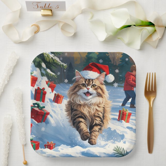 Persian Cat Sitting in Snow with Christmas Hat Paper Plate (Wedding)