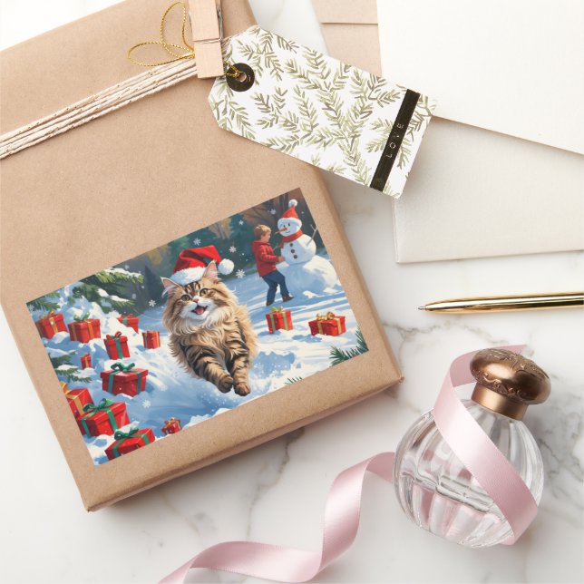 Persian Cat Sitting in Snow with Christmas Hat Rectangular Sticker (Gifting)