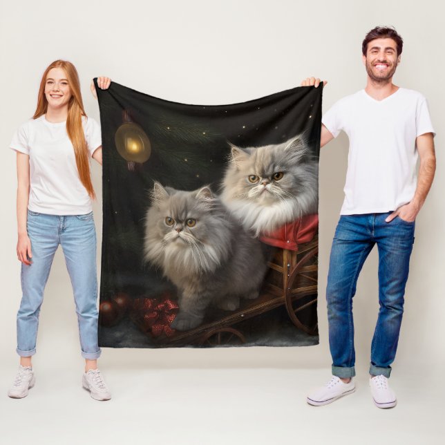Persian Cat Snowy Sleigh Christmas Decor Fleece Blanket (In Situ)
