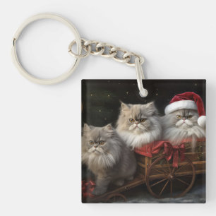 Persian Cat Snowy Sleigh Christmas Decor Key Ring