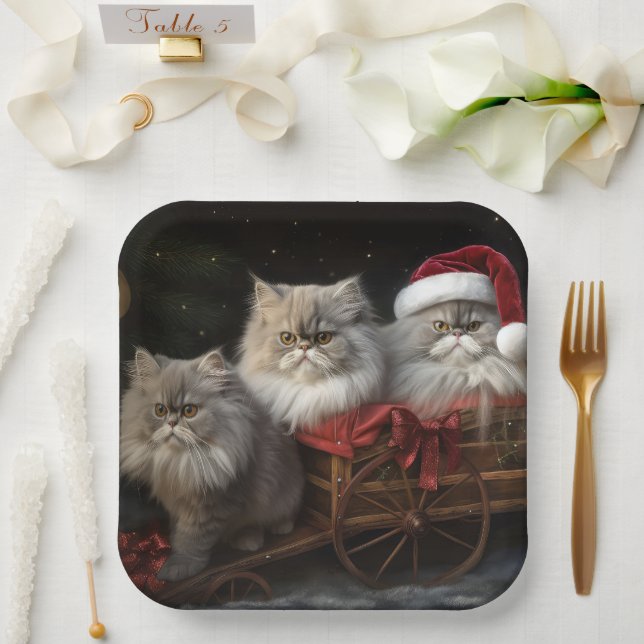 Persian Cat Snowy Sleigh Christmas Decor Paper Plate (Wedding)