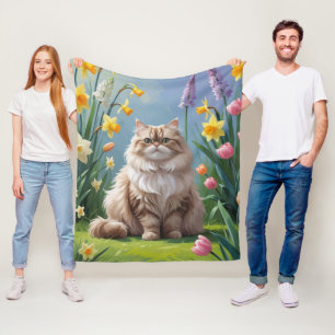 Persian Cat Spring Flowers Painting Fleece Blanket