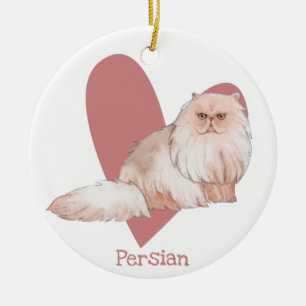 Persian Cat Watercolor Kitty Pink Heart Ceramic Ornament