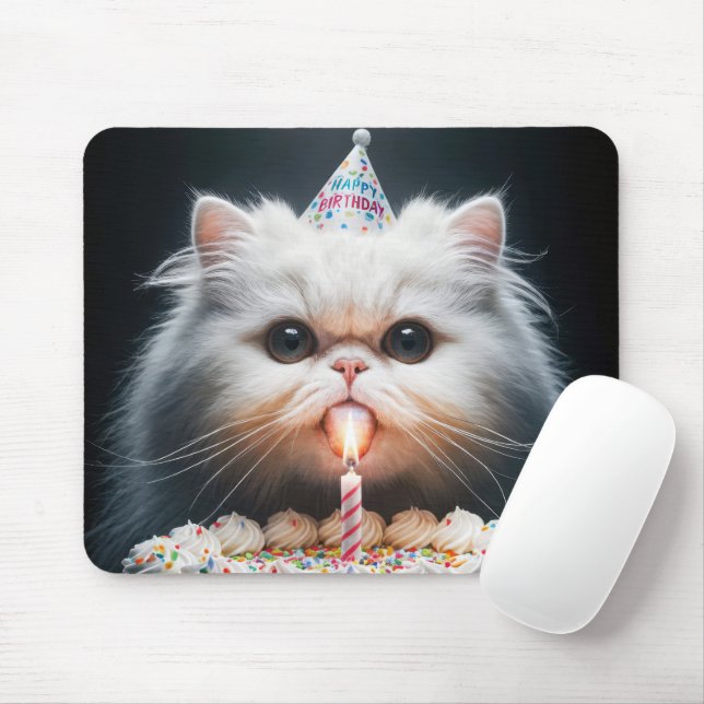 Persian Cat With a Birthday Cake Mouse Pad (With Mouse)