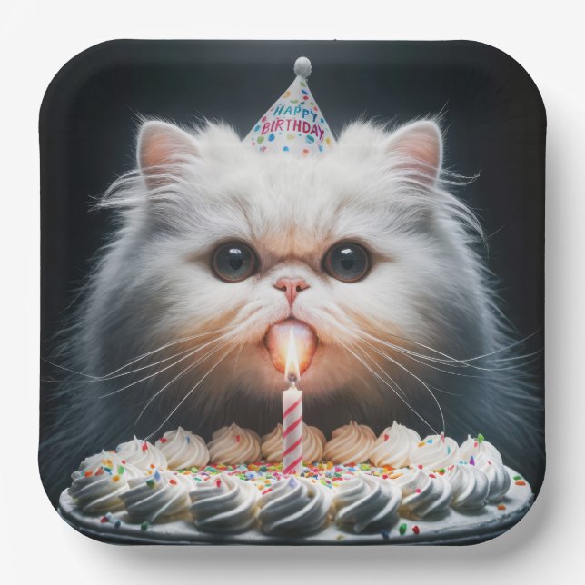 Persian Cat With a Birthday Cake Paper Plate (Front)