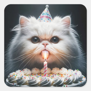 Persian Cat With a Birthday Cake Square Sticker