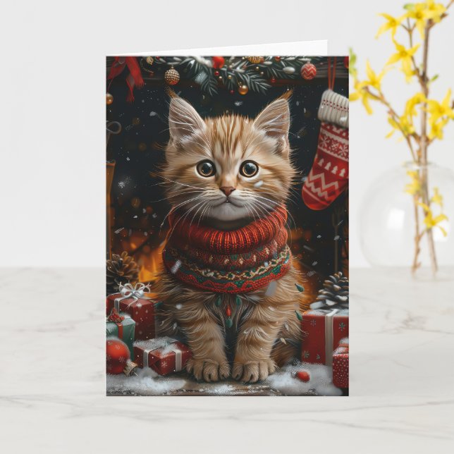 Persian Cat With Christmas Gifts Fireplace Card (Yellow Flower)