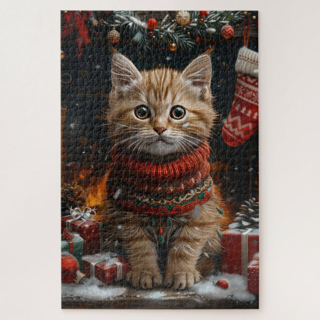 Persian Cat With Christmas Gifts Fireplace Jigsaw Puzzle (Vertical)